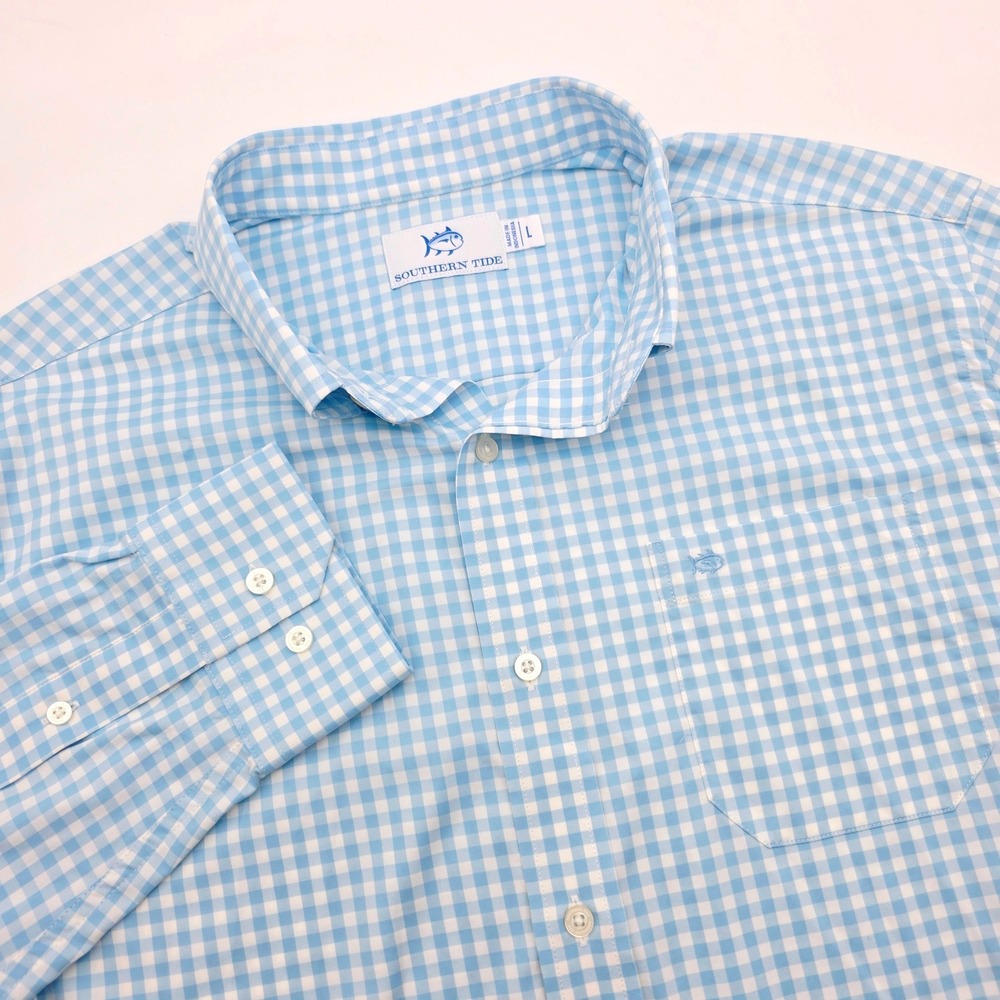Southern Tide Men Large Performance Blue Gingham Long Sleeve Button Down Shirt